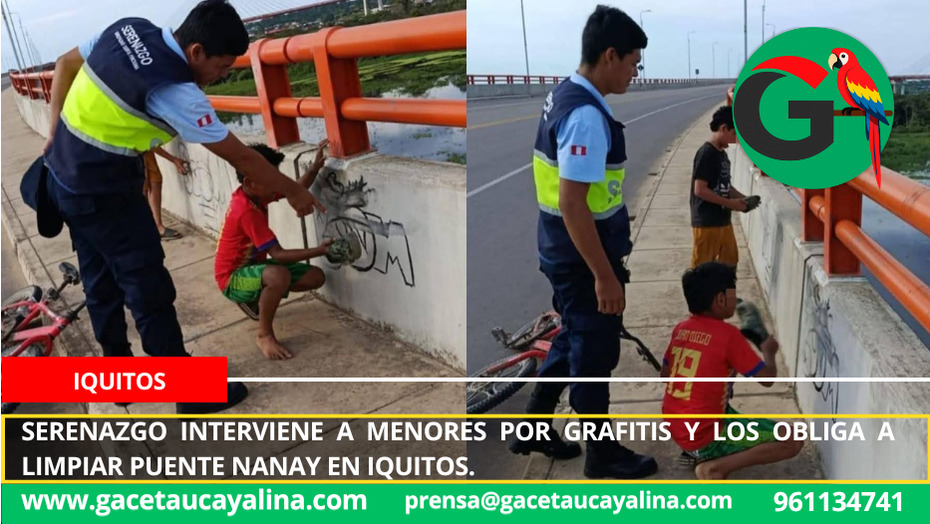 Serenazgo interviene a menores por grafitis y los obliga a limpiar puente Nanay en Iquitos.