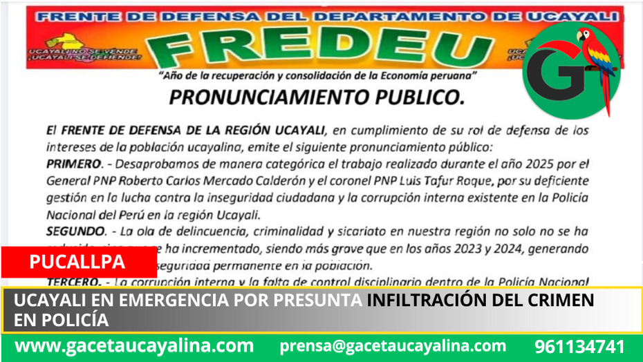 Frente de Defensa por Ucayali acusa colapso del Estado en seguridad